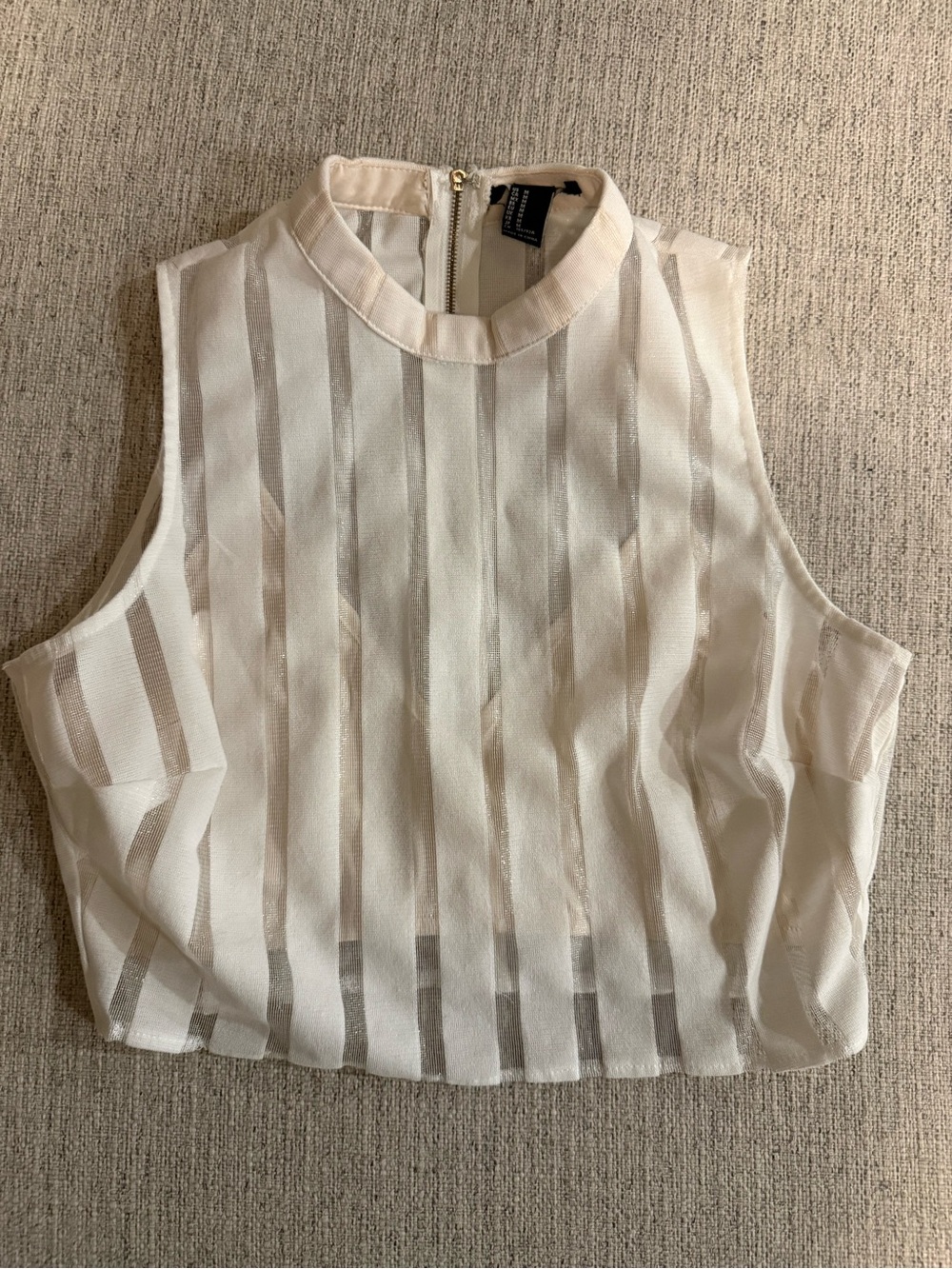 Forever 21 Ivory Sheer Striped Cropped Mock Neck Tank